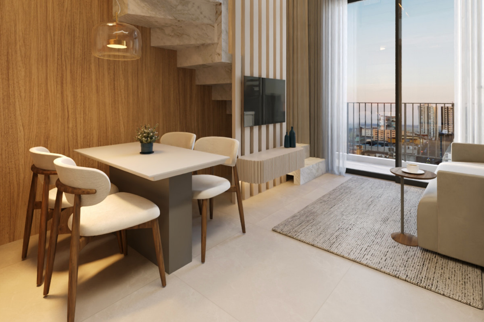 Loft com sala de jantar e estar integradas com vista panorâmica