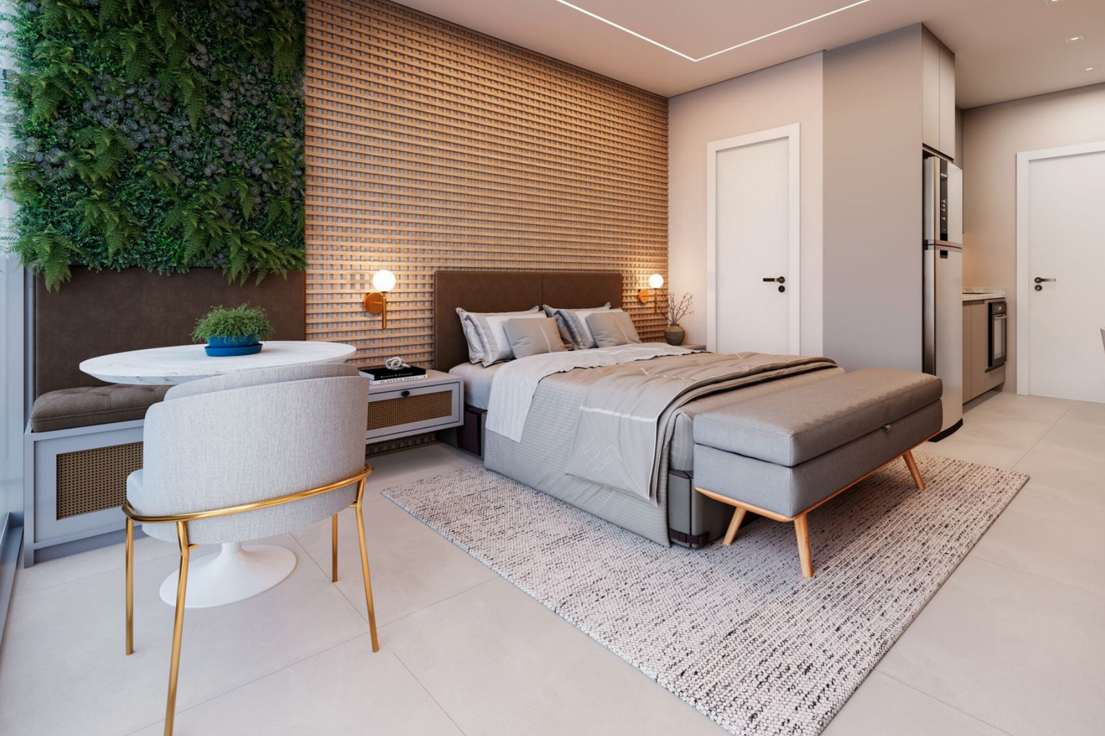 Studio completo com jardim vertical e acabamento premium